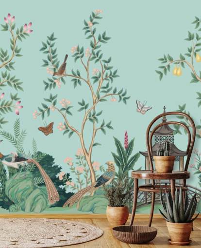 sininen chinoiserie-taustakuvamaalaus nimeltä Chinoiserie Garden and Pagoda makuuhuoneisiin ja olohuoneisiin sininen chinoiserie-taustakuvamaalaus nimeltä Chinoiserie Garden and Pagoda makuuhuoneisiin ja olohuoneisiin