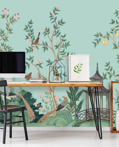 blå chinoiserie tapetväggmålning kallad Chinoiserie Garden and Pagoda för sovrum och vardagsrum blå chinoiserie tapetväggmålning kallad Chinoiserie Garden and Pagoda för sovrum och vardagsrum