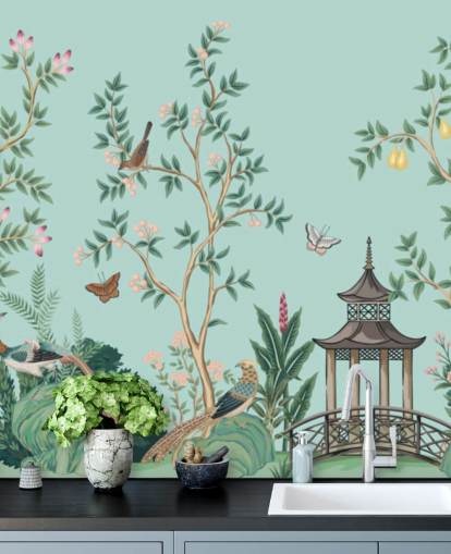 blå chinoiserie tapetmaleri kaldet Chinoiserie Garden and Pagoda til soveværelser og stuer blå chinoiserie tapetmaleri kaldet Chinoiserie Garden and Pagoda til soveværelser og stuer