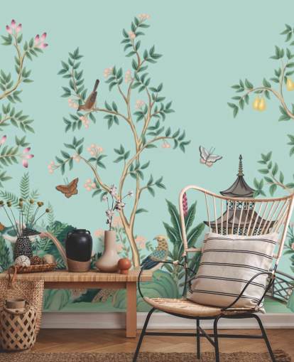 blå chinoiserie tapetmaleri kaldet Chinoiserie Garden and Pagoda til soveværelser og stuer
