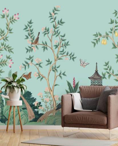 blue chinoiserie wallpaper mural called Chinoiserie Garden and Pagoda for bedrooms and living rooms blue chinoiserie wallpaper mural called Chinoiserie Garden and Pagoda for bedrooms and living rooms