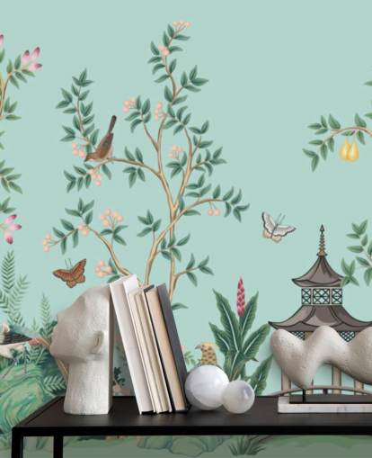 carta da parati murale blu chinoiserie chiamata Chinoiserie Garden and Pagoda per camere da letto e salotti