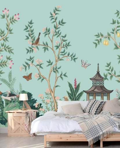 blå chinoiserie tapetmaleri kaldet Chinoiserie Garden and Pagoda til soveværelser og stuer blå chinoiserie tapetmaleri kaldet Chinoiserie Garden and Pagoda til soveværelser og stuer
