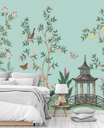 blå chinoiserie tapet veggmaleri kalt Chinoiserie Garden and Pagoda for soverom og stuer blå chinoiserie tapet veggmaleri kalt Chinoiserie Garden and Pagoda for soverom og stuer