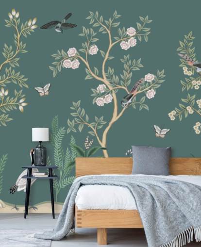 vihreä chinoiserie-taustakuvamaalaus nimeltä Green Chinoiserie Rose Garden makuuhuoneisiin, olohuoneisiin ja kylpyhuoneisiin