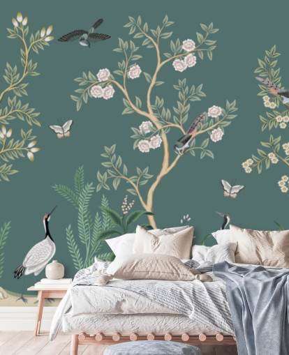 mural de papel pintado de chinoiserie verde llamado Green Chinoiserie Rose Garden para dormitorios, salas de estar y baños