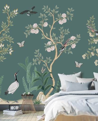 papier peint mural de chinoiserie verte appelé Green Chinoiserie Rose Garden pour les chambres, les salons et les salles de bain papier peint mural de chinoiserie verte appelé Green Chinoiserie Rose Garden pour les chambres, les salons et les salles de bain