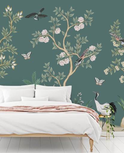 mural de papel de parede chinoiserie verde chamado Green Chinoiserie Rose Garden para quartos, salas de estar e banheiros mural de papel de parede chinoiserie verde chamado Green Chinoiserie Rose Garden para quartos, salas de estar e banheiros