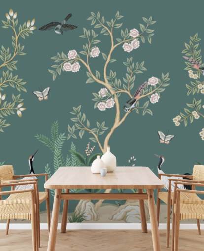 groene chinoiserie behangmuurschildering genaamd Green Chinoiserie Rose Garden voor slaapkamers, woonkamers en badkamers