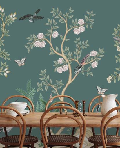 mural de papel de parede chinoiserie verde chamado Green Chinoiserie Rose Garden para quartos, salas de estar e banheiros mural de papel de parede chinoiserie verde chamado Green Chinoiserie Rose Garden para quartos, salas de estar e banheiros