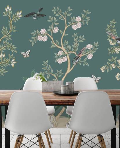 green chinoiserie wallpaper mural called Green Chinoiserie Rose Garden for bedrooms, living rooms and bathrooms