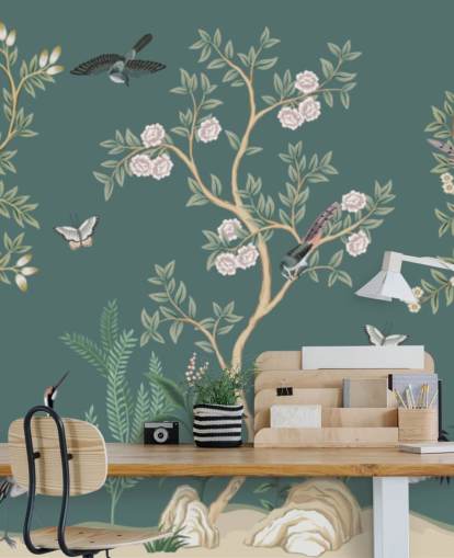 green chinoiserie wallpaper mural called Green Chinoiserie Rose Garden for bedrooms, living rooms and bathrooms
