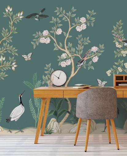 papier peint mural de chinoiserie verte appelé Green Chinoiserie Rose Garden pour les chambres, les salons et les salles de bain