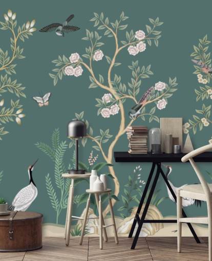 grüne Chinoiserie-Tapete namens Green Chinoiserie Rose Garden für Schlafzimmer, Wohnzimmer und Badezimmer grüne Chinoiserie-Tapete namens Green Chinoiserie Rose Garden für Schlafzimmer, Wohnzimmer und Badezimmer