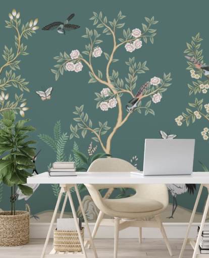 carta da parati murale verde chinoiserie chiamata Green Chinoiserie Rose Garden per camere da letto, salotti e bagni
