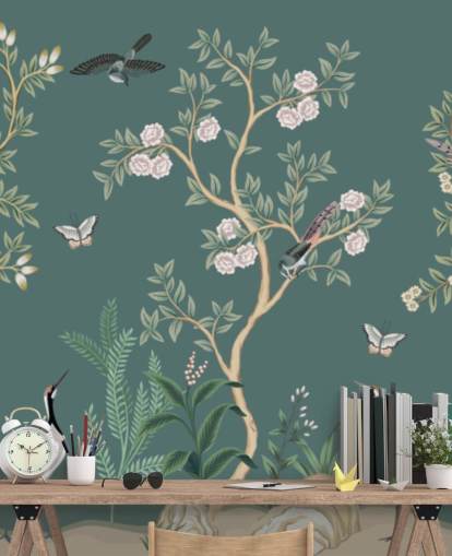 grønn chinoiserie tapet veggmaleri kalt Green Chinoiserie Rose Garden for soverom, stuer og bad grønn chinoiserie tapet veggmaleri kalt Green Chinoiserie Rose Garden for soverom, stuer og bad