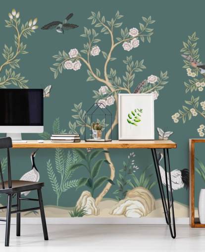 grøn chinoiserie tapet vægmaleri kaldet Green Chinoiserie Rose Garden til soveværelser, stuer og badeværelser