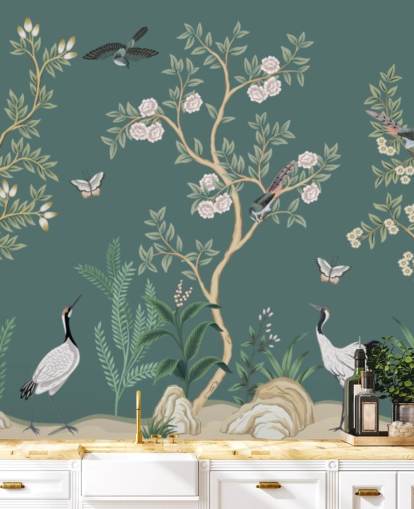 green chinoiserie wallpaper mural called Green Chinoiserie Rose Garden for bedrooms, living rooms and bathrooms