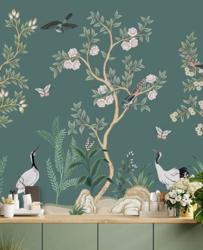 papier peint mural de chinoiserie verte appelé Green Chinoiserie Rose Garden pour les chambres, les salons et les salles de bain