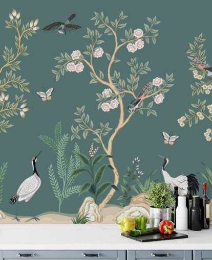 green chinoiserie wallpaper mural called Green Chinoiserie Rose Garden for bedrooms, living rooms and bathrooms