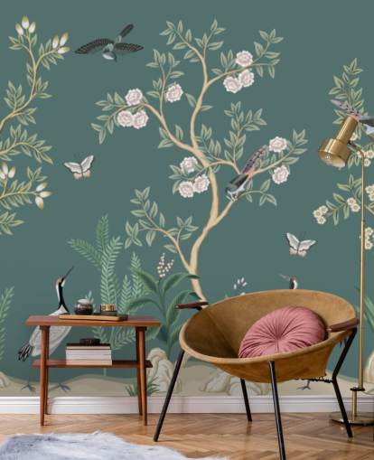 mural de papel pintado de chinoiserie verde llamado Green Chinoiserie Rose Garden para dormitorios, salas de estar y baños