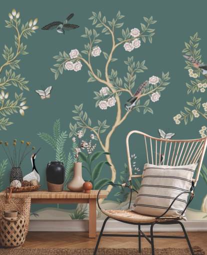 vihreä chinoiserie-taustakuvamaalaus nimeltä Green Chinoiserie Rose Garden makuuhuoneisiin, olohuoneisiin ja kylpyhuoneisiin