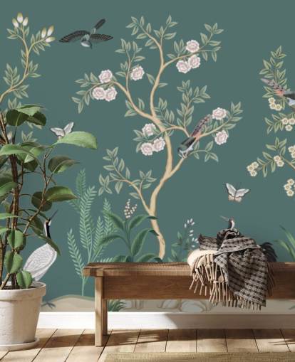 mural de papel de parede chinoiserie verde chamado Green Chinoiserie Rose Garden para quartos, salas de estar e banheiros mural de papel de parede chinoiserie verde chamado Green Chinoiserie Rose Garden para quartos, salas de estar e banheiros
