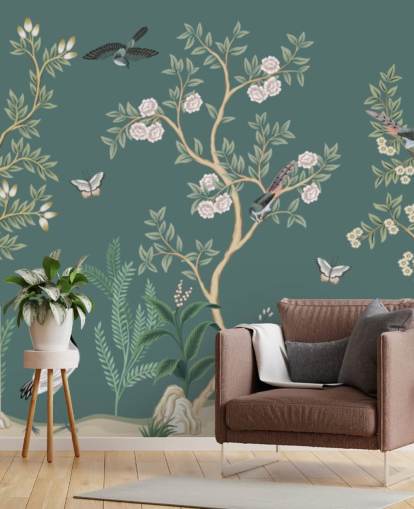 carta da parati murale verde chinoiserie chiamata Green Chinoiserie Rose Garden per camere da letto, salotti e bagni