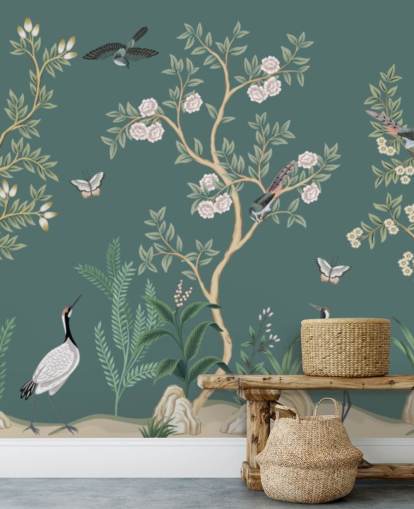 groene chinoiserie behangmuurschildering genaamd Green Chinoiserie Rose Garden voor slaapkamers, woonkamers en badkamers