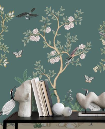 papier peint mural de chinoiserie verte appelé Green Chinoiserie Rose Garden pour les chambres, les salons et les salles de bain