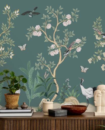 carta da parati murale verde chinoiserie chiamata Green Chinoiserie Rose Garden per camere da letto, salotti e bagni carta da parati murale verde chinoiserie chiamata Green Chinoiserie Rose Garden per camere da letto, salotti e bagni