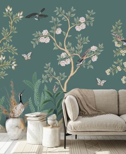 grønn chinoiserie tapet veggmaleri kalt Green Chinoiserie Rose Garden for soverom, stuer og bad