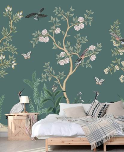 grøn chinoiserie tapet vægmaleri kaldet Green Chinoiserie Rose Garden til soveværelser, stuer og badeværelser