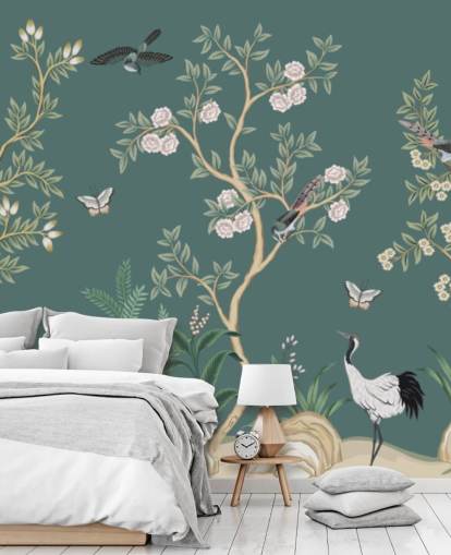 vihreä chinoiserie-taustakuvamaalaus nimeltä Green Chinoiserie Rose Garden makuuhuoneisiin, olohuoneisiin ja kylpyhuoneisiin vihreä chinoiserie-taustakuvamaalaus nimeltä Green Chinoiserie Rose Garden makuuhuoneisiin, olohuoneisiin ja kylpyhuoneisiin