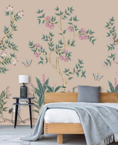 rosa chinoiserie tapetväggmålning som heter Pink Chinoiserie Rose Garden för sovrum och matsalar rosa chinoiserie tapetväggmålning som heter Pink Chinoiserie Rose Garden för sovrum och matsalar