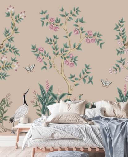 mural de papel pintado de chinoiserie rosa llamado Pink Chinoiserie Rose Garden para dormitorios y comedores