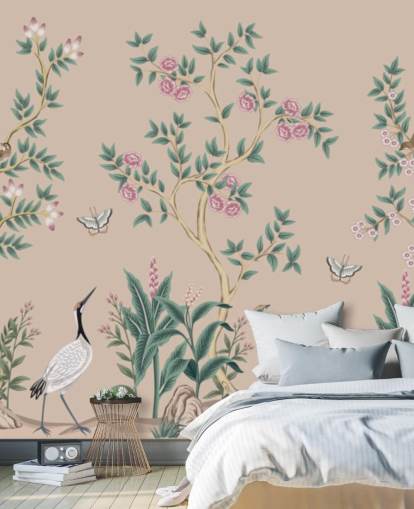 lyserød chinoiserie tapetmaleri kaldet Pink Chinoiserie Rose Garden til soveværelser og spisestuer lyserød chinoiserie tapetmaleri kaldet Pink Chinoiserie Rose Garden til soveværelser og spisestuer