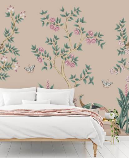 pink chinoiserie wallpaper mural called Pink Chinoiserie Rose Garden for bedrooms and dining rooms pink chinoiserie wallpaper mural called Pink Chinoiserie Rose Garden for bedrooms and dining rooms