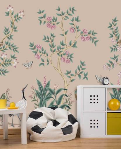 pink chinoiserie wallpaper mural called Pink Chinoiserie Rose Garden for bedrooms and dining rooms
