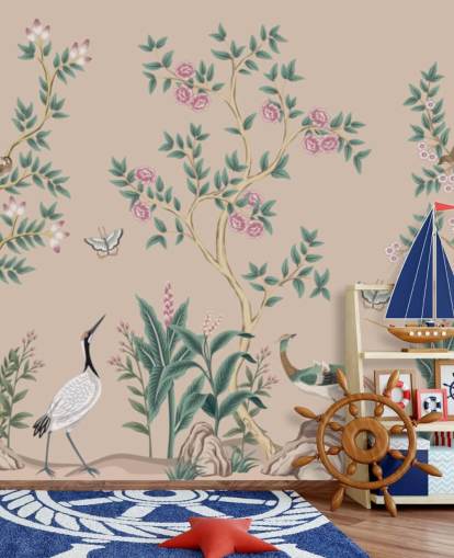 mural de papel de parede chinoiserie rosa chamado Pink Chinoiserie Rose Garden para quartos e salas de jantar
