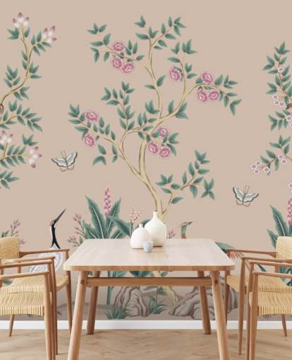 rosa chinoiserie tapetväggmålning som heter Pink Chinoiserie Rose Garden för sovrum och matsalar