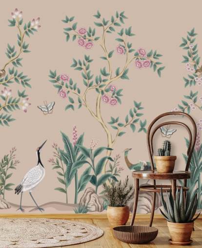 roze chinoiserie behangmuurschildering genaamd Pink Chinoiserie Rose Garden voor slaapkamers en eetkamers