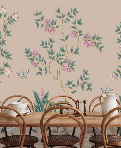 papier peint mural de chinoiserie rose appelé Pink Chinoiserie Rose Garden pour les chambres et les salles à manger