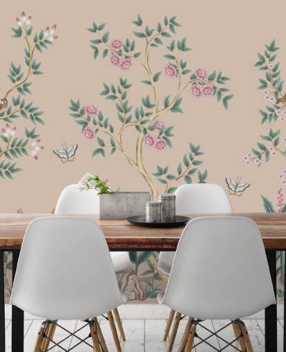 mural de papel pintado de chinoiserie rosa llamado Pink Chinoiserie Rose Garden para dormitorios y comedores