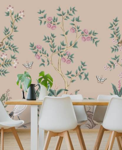 rosafarbenes Chinoiserie-Tapetenbild namens Pink Chinoiserie Rose Garden für Schlafzimmer und Esszimmer rosafarbenes Chinoiserie-Tapetenbild namens Pink Chinoiserie Rose Garden für Schlafzimmer und Esszimmer