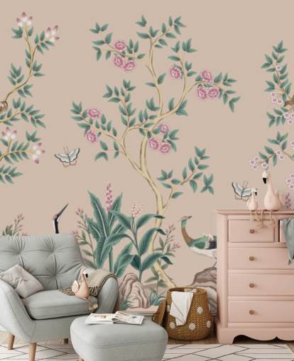 pink chinoiserie wallpaper mural called Pink Chinoiserie Rose Garden for bedrooms and dining rooms