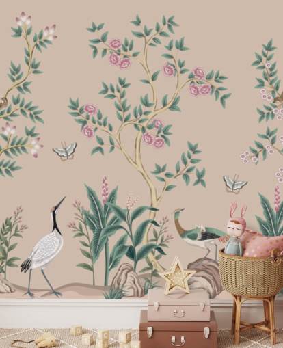 mural de papel de parede chinoiserie rosa chamado Pink Chinoiserie Rose Garden para quartos e salas de jantar