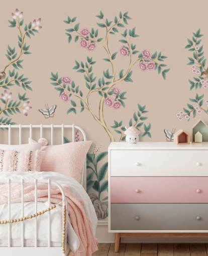pink chinoiserie wallpaper mural called Pink Chinoiserie Rose Garden for bedrooms and dining rooms pink chinoiserie wallpaper mural called Pink Chinoiserie Rose Garden for bedrooms and dining rooms