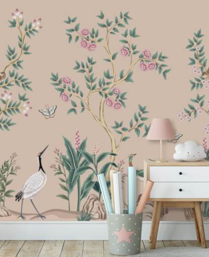 mural de papel pintado de chinoiserie rosa llamado Pink Chinoiserie Rose Garden para dormitorios y comedores