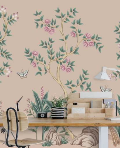 rosafarbenes Chinoiserie-Tapetenbild namens Pink Chinoiserie Rose Garden für Schlafzimmer und Esszimmer